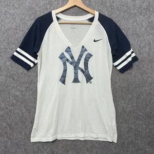 Nike New York Yankees MLB V-Neck T-Shirt Womens Large White Navy Blue Raglan L